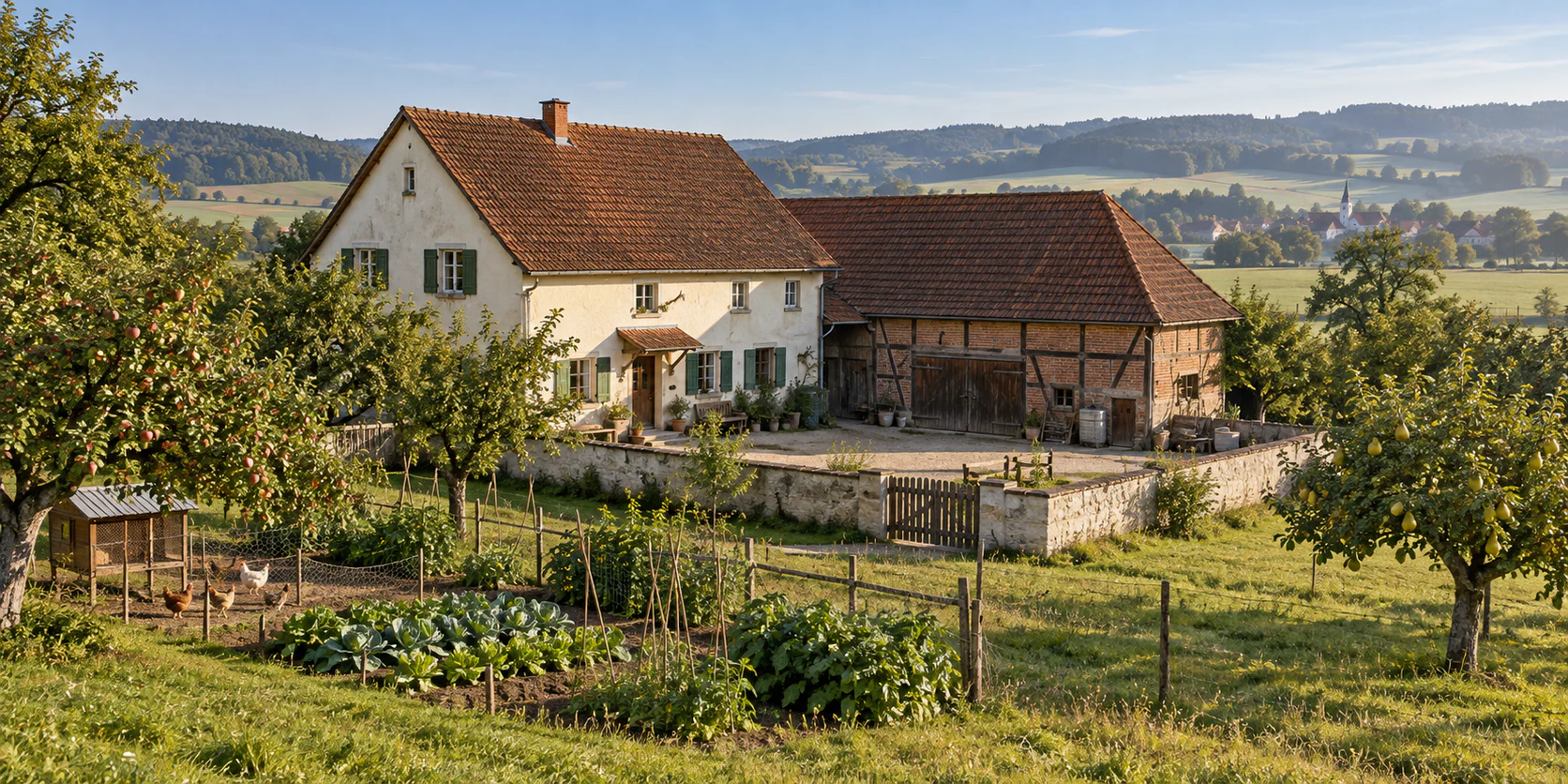 Kleines bayerisches Bauernanwesen mit Wohnhaus, Ziegelstadel, Obstgarten und Gemüsebeeten