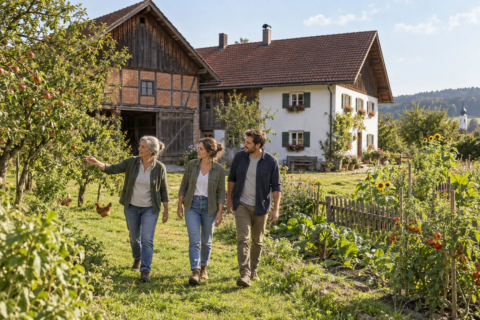 Eigentümerin führt ein jüngeres Paar durch Obstgarten und Hof eines kleinen Bauernanwesens